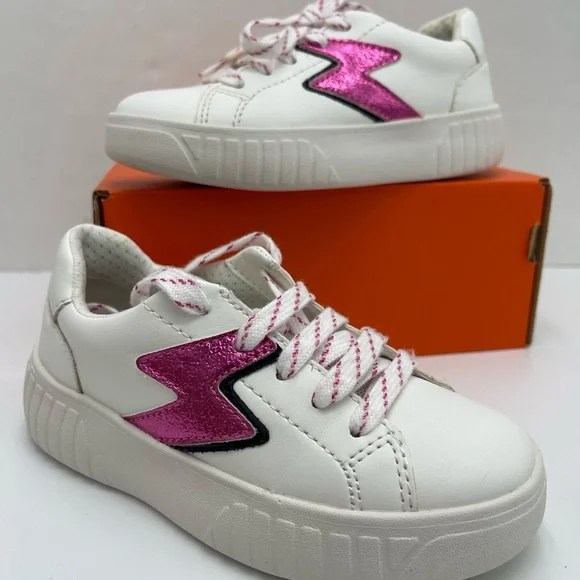 Geox Kids White Leather Sneakers with Pink Lightning Bolt with orthopedic insole - Picture 4 of 16
